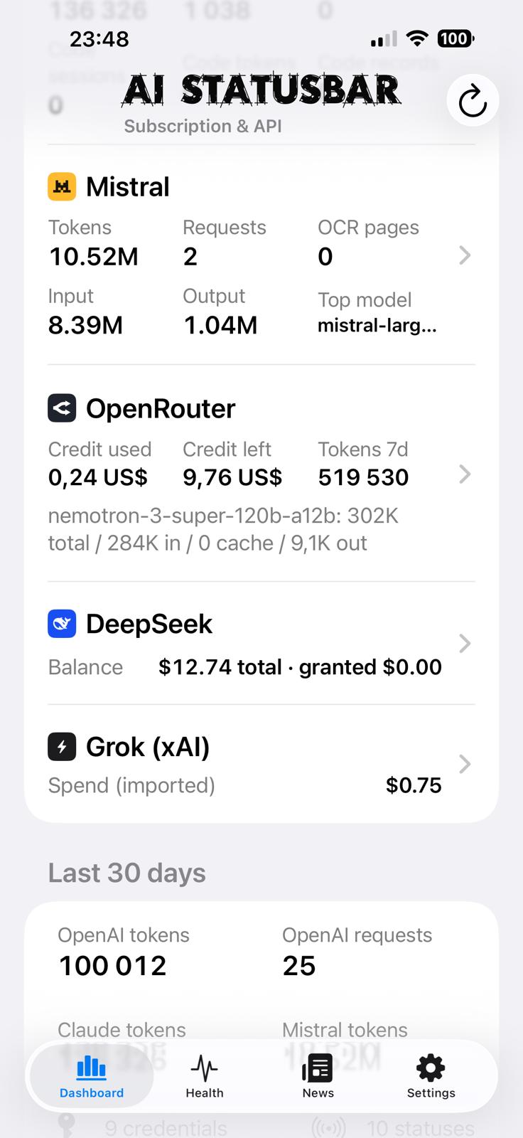 AI StatusBar provider overview with Mistral, OpenRouter, DeepSeek and Grok