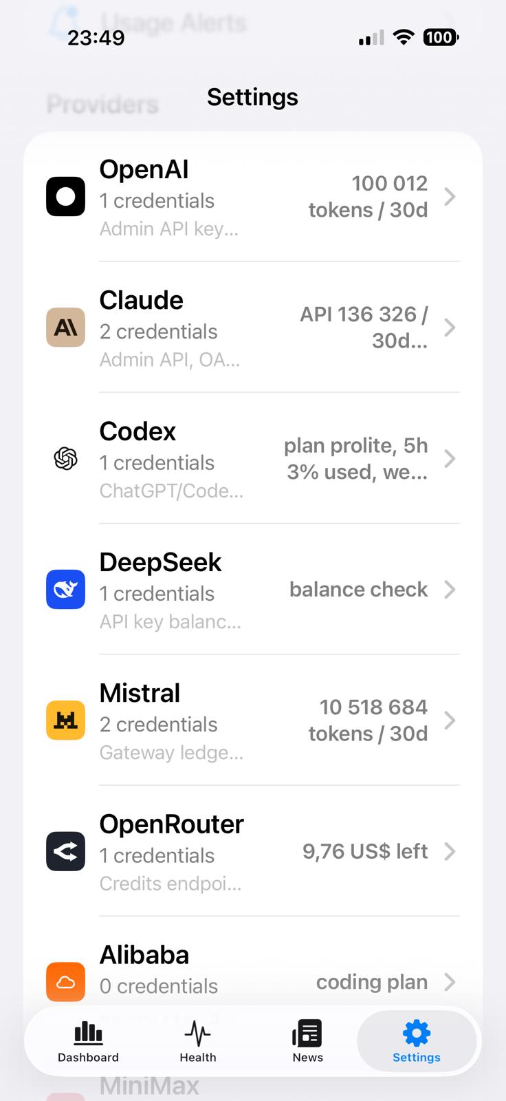 AI StatusBar Settings showing list of configured providers and API keys